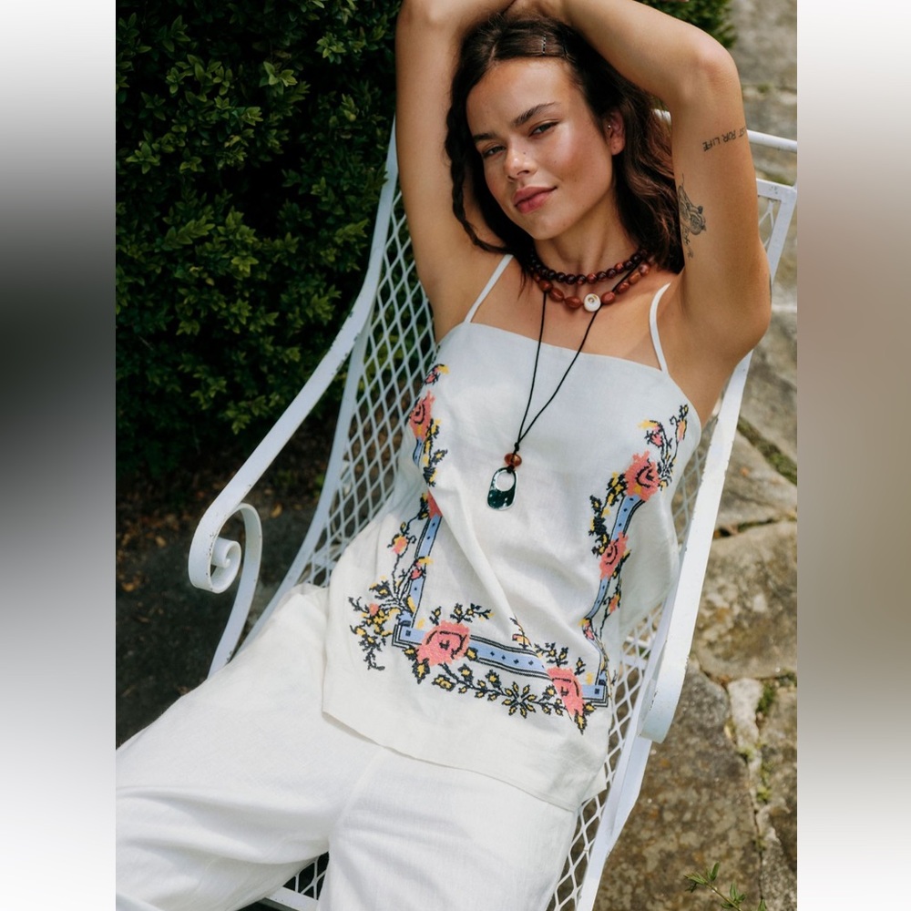 Free People Sightseer Embroidery Linen Set in color ivory combo